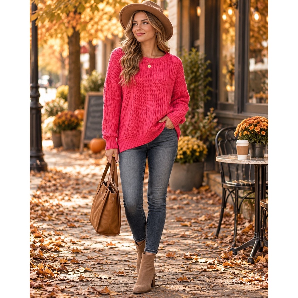 Vineyard Vines Women Medium Pink Chunky Knit Crewneck Sweater Relaxed Preppy